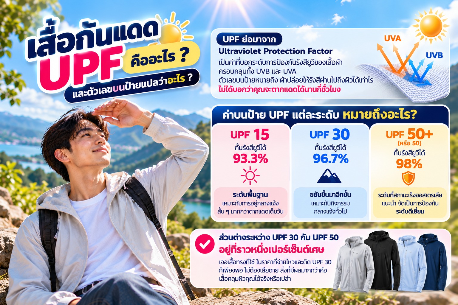 ภาพแนะนำการเลือกเสื้อกันแดด UPF โดยดูค่าบนป้าย เนื้อผ้า สี และรูปแบบเสื้อที่คลุมผิวได้ดี
