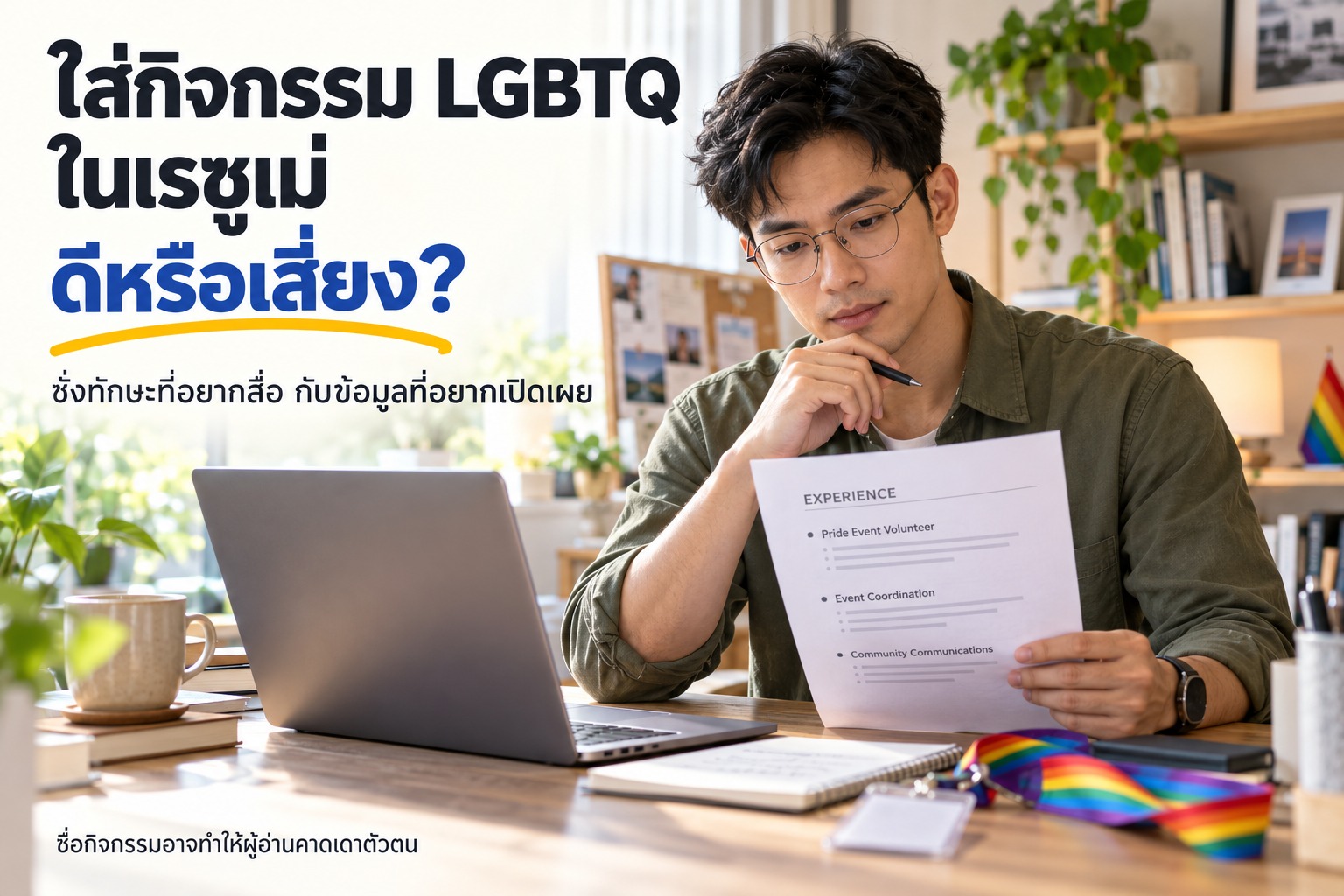 ภาพชายไทยกำลังทบทวนเรซูเม่ที่ระบุประสบการณ์กิจกรรม Pride พร้อมข้อความให้ชั่งระหว่างทักษะที่อยากสื่อกับข้อมูลที่อยากเปิดเผย